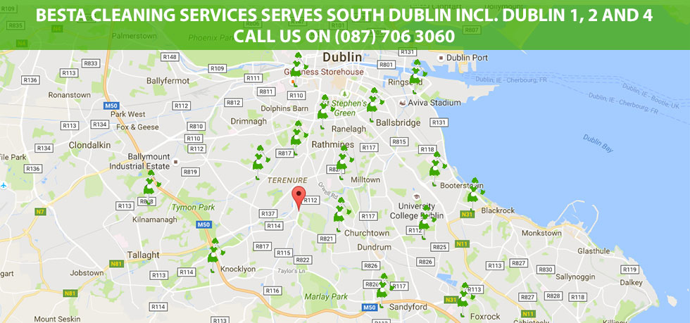 Map of areas we provide our house cleaning and office cleaning service in South Dublin including Ballyboden, Knocklyon, Edmondstown, Ballinteer, Stillorgan, Leopardstown, Terenure, Dundrum, Milltown, Sandyford, Stepaside, Rathmines, Ranelagh, Tallaght, Clondalkin, Foxrock, Cabinteely, Loughlinstown, Blackrock, Deansgrange, Dun Laoghaire, Dalkey and Killiney.