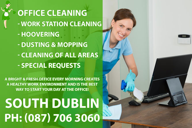 Our Office Cleaning Service includes: 1. Work Station Cleaning 2. Hoovering 3. Dusting & Mopping
 4. Cleaning of all areas 5. Special Requests. A bright & fresh office every morning creates a healthy work environment and is the best 
way to start your day at the office! Call us today on 0877063060